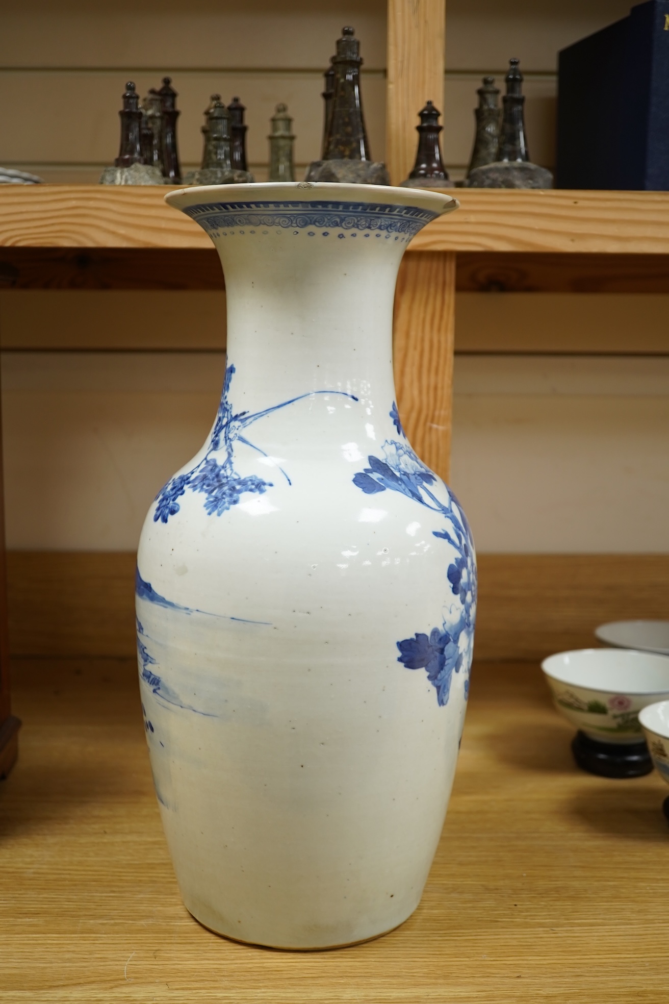 A late 19th century Chinese blue and white ‘Hundred Birds’ baluster vase, 44cm high